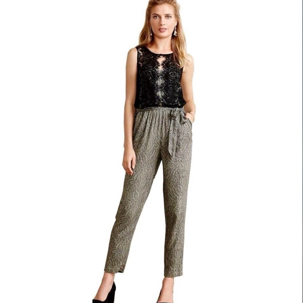 High-Rise Printed Tie-Waist Pants - Black Lace Top Styling